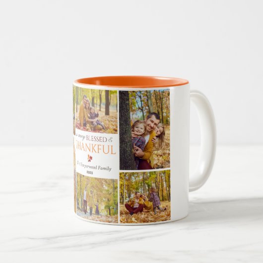 モダン秋感謝家族の写真コラージュ ツートーンマグカップ (正面右)