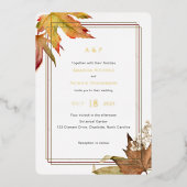 モダン秋紅葉、庭園の結婚式金ゴールド 箔招待状 (正面)