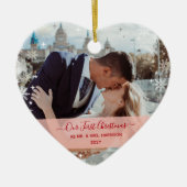 モダン第1回クリスマスMr. Mrs. 2写真ハート型 セラミックオーナメント (正面)
