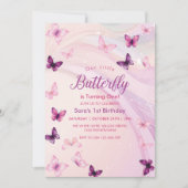 モダン第1回生誕生可愛いピンク蝶 招待状 (正面)