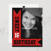 モダン第16誕生日レッドリボン 招待状 (正面/裏面)