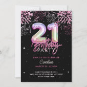 モダン第21回ピンクフォイルバルーン花火誕生日 招待状 (正面)