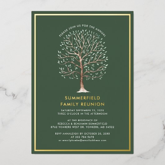 モダン系図学ツリーアニュアルファミリー懇親会金ゴールド 箔招待状 (正面)