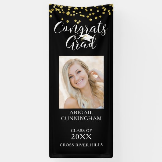 モダン紙吹雪スクリプトおめでとうGRADフォトブラック 横断幕 (縦)