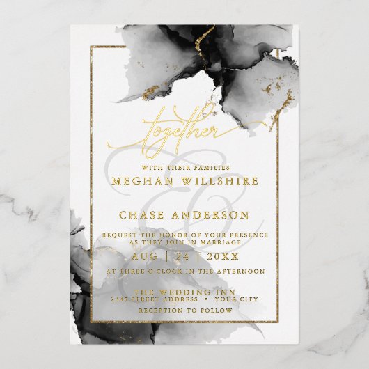 モダン素晴らしカスタム2木炭の水色 箔招待状 (正面)