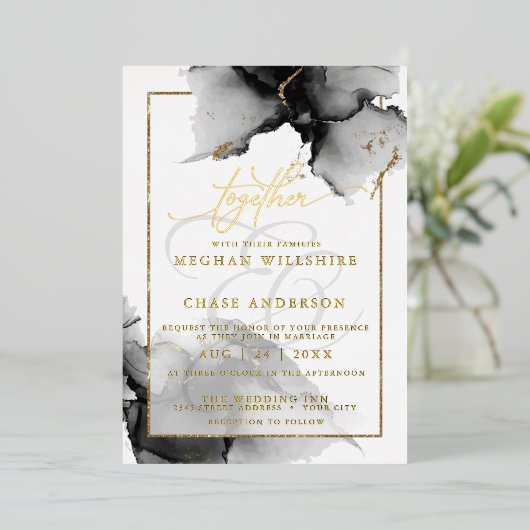 モダン素晴らしカスタム2木炭の水色 箔招待状 (立ち正面)