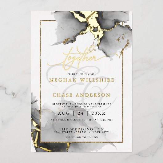 モダン素晴らしカスタム5木炭の水色 箔招待状 (正面)