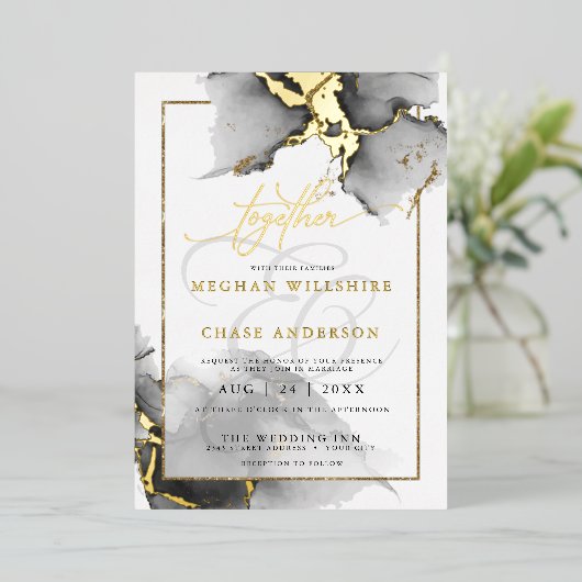 モダン素晴らしカスタム5木炭の水色 箔招待状 (立ち正面)