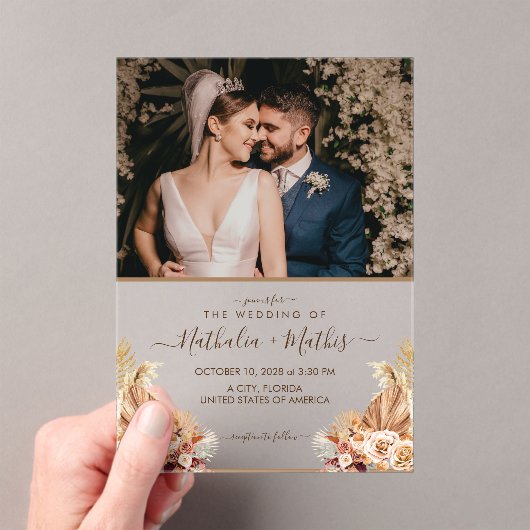 モダン素朴エレガント写真結婚付き アクリル招待状 (インサイチュ (ポータブル))