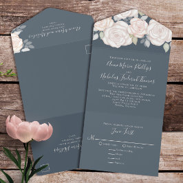 モダン素朴エレガント水カラーフローラグレー オールインワン招待状