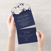 モダン素朴エレガント水カラーフローラネイビーブルー オールインワン招待状 (貼ってはがせる)