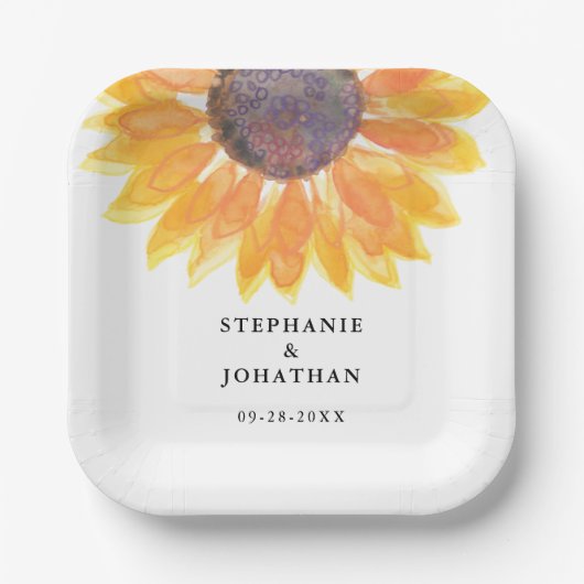 モダン素朴ヒマワリ結婚ズスクエア紙プレート ペーパープレート (正面)