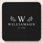 モダン素朴モノグラムカスタムファミリー名ブラック コースター (正面)