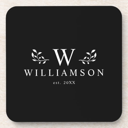 モダン素朴モノグラムカスタムファミリー名ブラック コースター (正面)