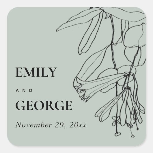 モダン素朴線スケッチフローラ結婚 スクエアシール (正面)