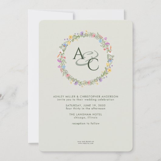 モダン素朴花モノグラム結婚セージ 招待状 (正面)