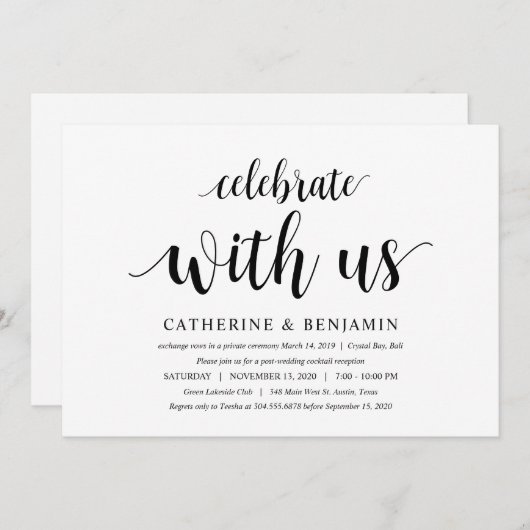 モダン素朴黒文字結婚の駆け落ち 招待状 (正面/裏面)