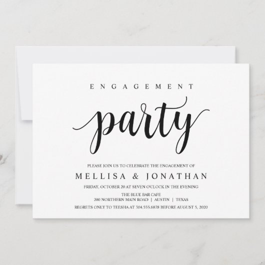 モダン素朴，黒，婚約パーティ 招待状 (正面)