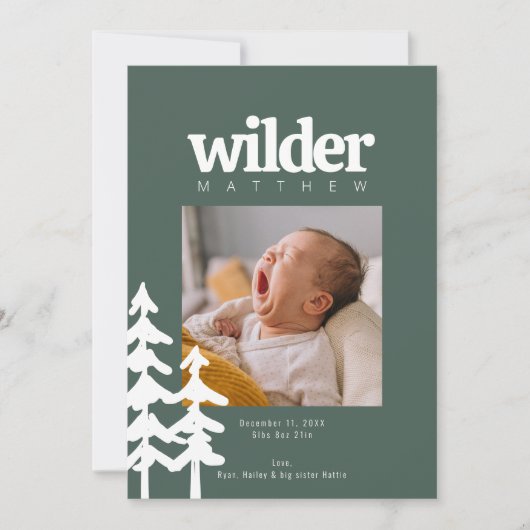 モダン素朴Green Forestベビー名写真誕生 案内状 (正面)