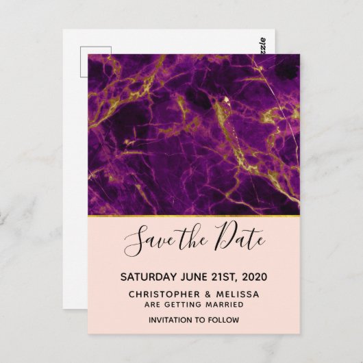 モダン紫結婚と金ゴールド大理石の日付を保存 ポストカード (正面/裏面)