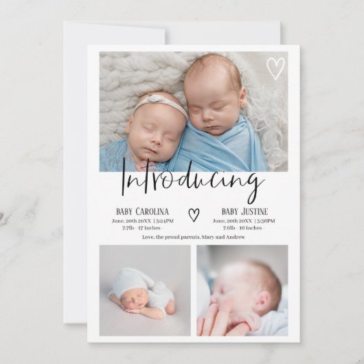 モダン紹介script 3フォトベビーツインズ誕生 案内状 (正面)