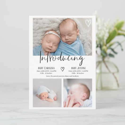 モダン紹介script 3フォトベビーツインズ誕生 案内状 (スタンド正面)