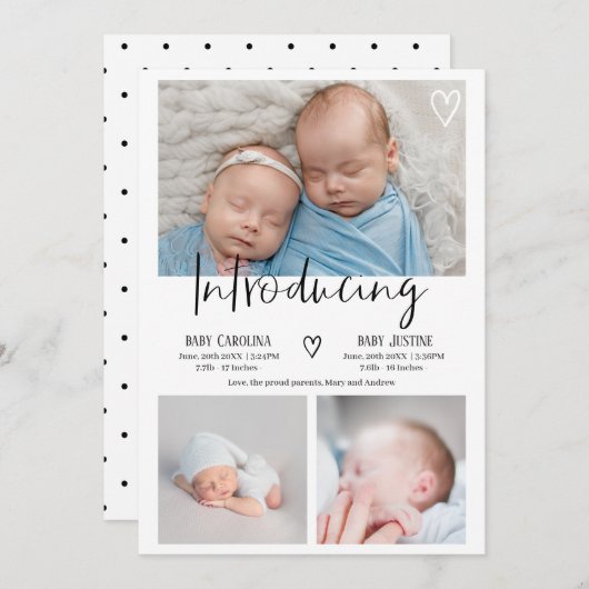 モダン紹介script 3フォトベビーツインズ誕生 案内状 (正面/裏面)