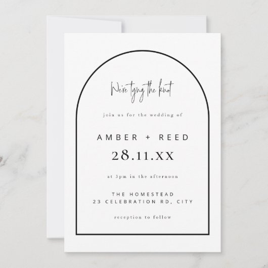 モダン結び結び結び結婚の白黒 招待状 (正面)