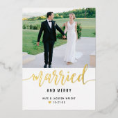 モダン結婚したとメリーの写真金ゴールド 箔シーズンカード (正面)