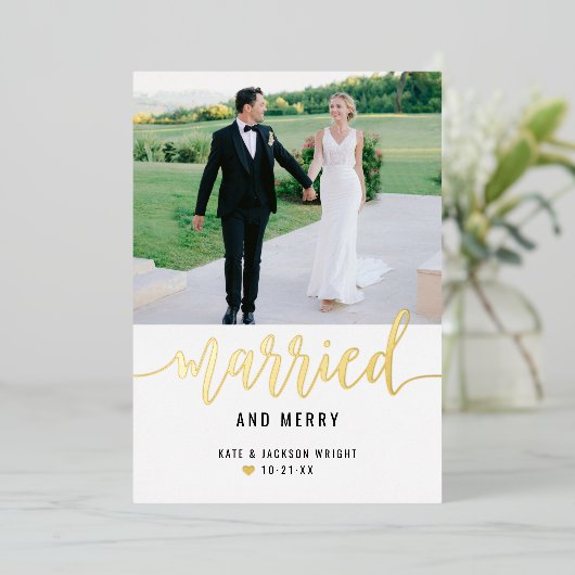 モダン結婚したとメリーの写真金ゴールド 箔シーズンカード (立ち正面)