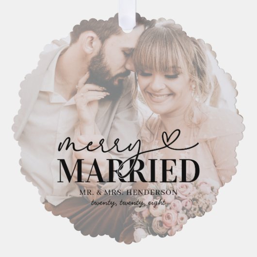 モダン結婚したメリーと写真のクリスマス オーナメントカード (正面)
