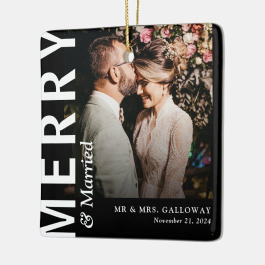 モダン結婚したメリー写真クリスマス セラミックオーナメント (左)