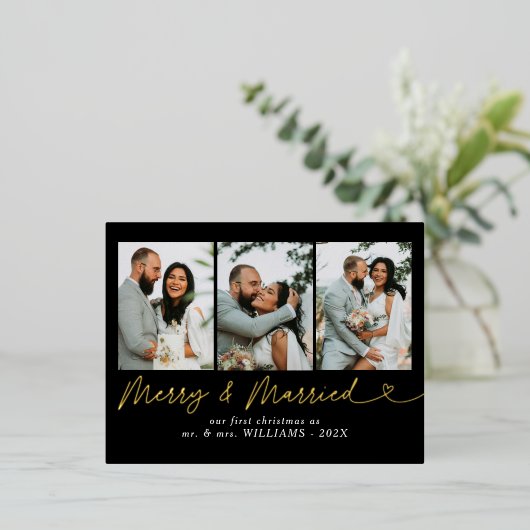 モダン結婚したメリー結婚の写真クリスマス 箔シーズンポストカード (立ち正面)