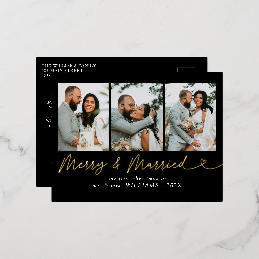 モダン結婚したメリー結婚の写真クリスマス 箔シーズンポストカード (正面/裏面)