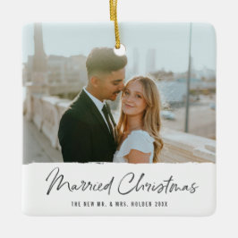 モダン結婚したChristmas Newlywed結婚の2枚の写真 セラミックオーナメント