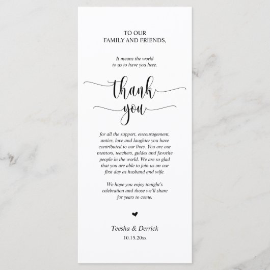 モダン結婚のディナープレイス設定サンキューカード プログラム (正面)