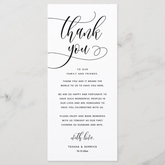 モダン結婚のディナープレイス設定サンキューカード プログラム (正面)