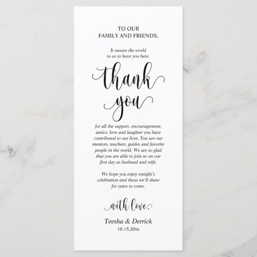 モダン結婚のディナープレイス設定サンキューカード プログラム (正面)