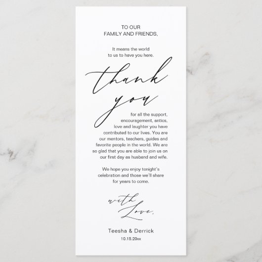 モダン結婚のディナープレイス設定サンキューカード プログラム (正面)