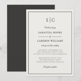 モダン結婚のミニマルなモノグラムクリーム&ブラック 招待状