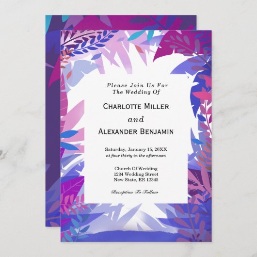 モダン結婚の熱帯の水の色の葉 招待状 (正面/裏面)