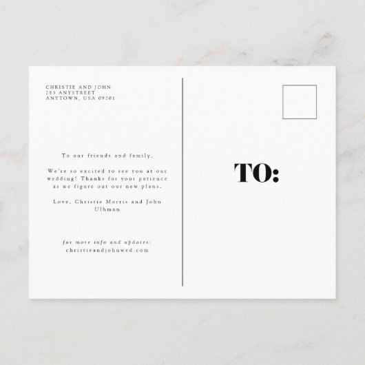 モダン結婚はっきりした延期期日の変更 案内ポストカード (裏面)
