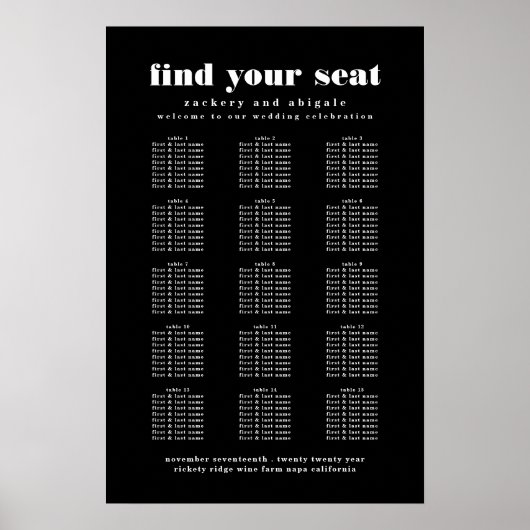 モダン結婚はっきりした白黒座席図 ポスター (正面)