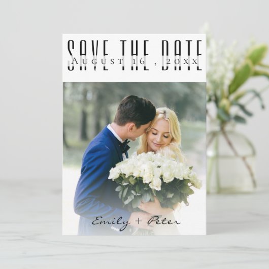 モダン結婚エレガントフォントの写真の日付の保存 セーブザデート (スタンド正面)