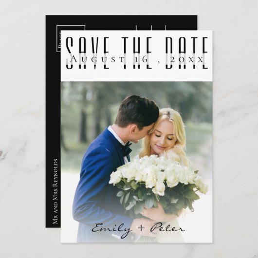 モダン結婚エレガントフォントの写真の日付の保存 セーブザデート (正面/裏面)