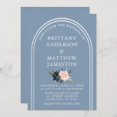 モダン結婚スタイリッシュArchのダスティなブルーのフローラ 招待状 (正面/裏面)
