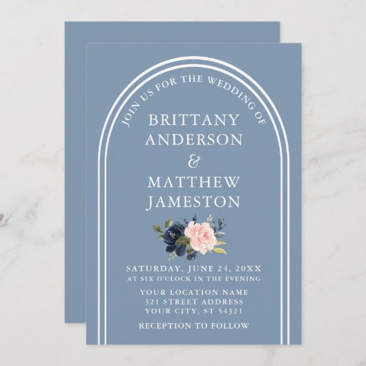 モダン結婚スタイリッシュArchのダスティなブルーのフローラ 招待状 (正面/裏面)