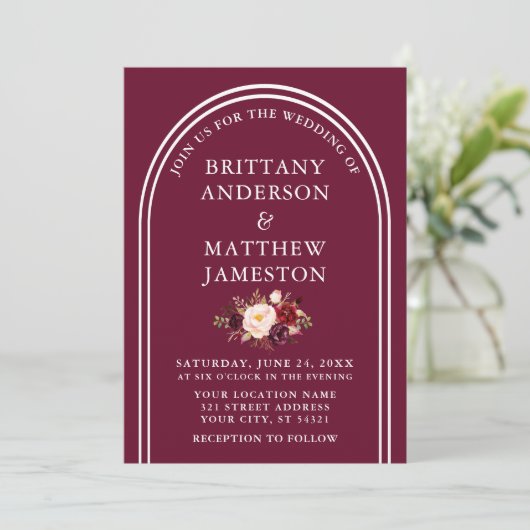 モダン結婚スタイリッシュArchのBurgundyフローラ写真 招待状 (スタンド正面)