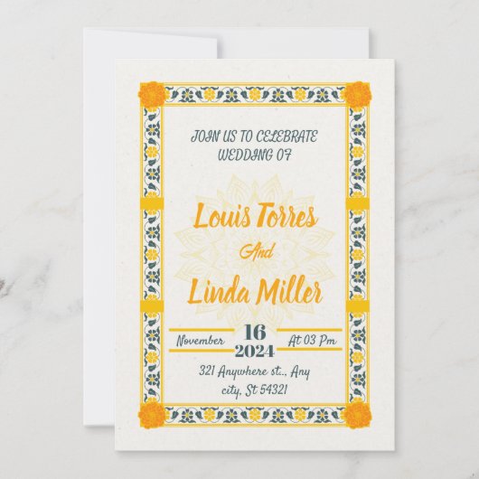 モダン結婚ベージュ色の花 招待状 (正面)