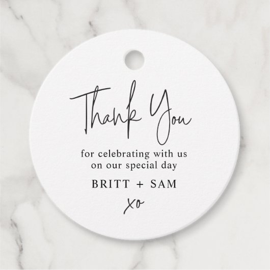 モダン結婚式の引き出物スクリプト手書きカスタム フェイバータグ (正面)